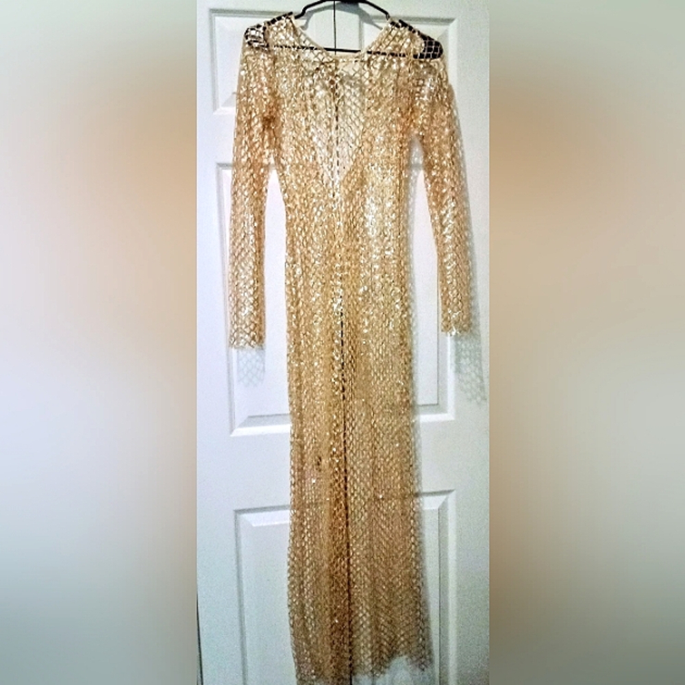 Fashion Nova Small Gold Sequined Maxi Swimsuit Elegant Beach Cover-Up